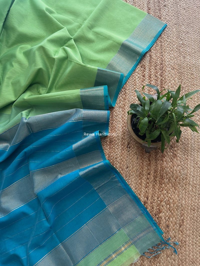 Maheshwari Pista Green Zari Border Plain Saree ZS0110