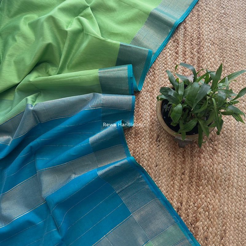 Maheshwari Pista Green Zari Border Plain Saree ZS0110