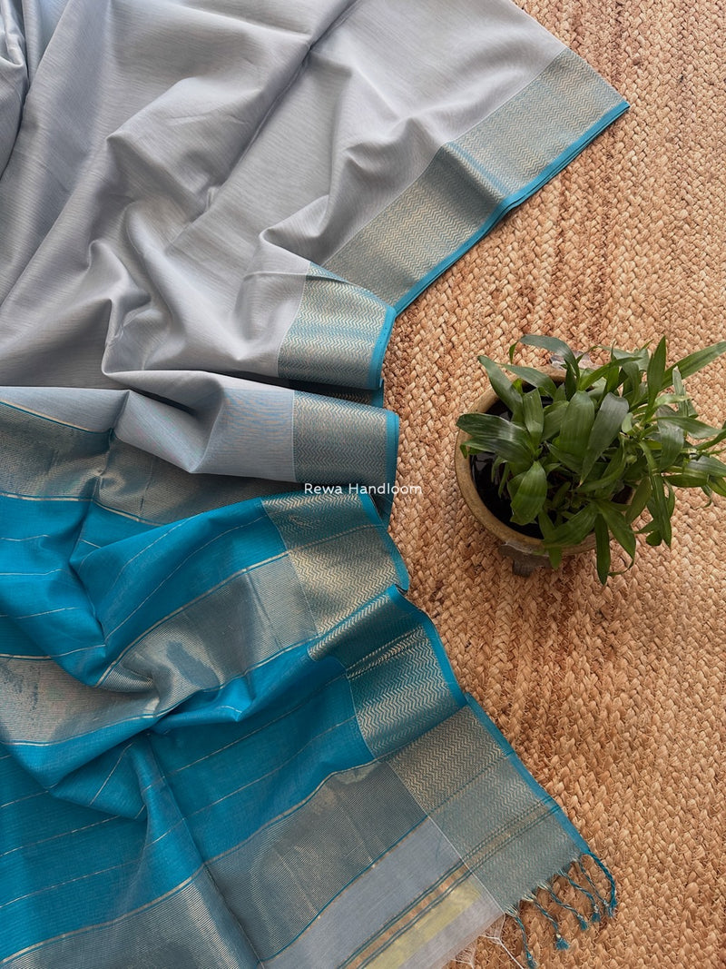 Maheshwari Grey Zari Border Plain Saree ZS0111