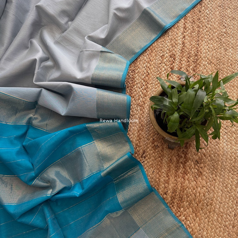 Maheshwari Grey Zari Border Plain Saree ZS0111