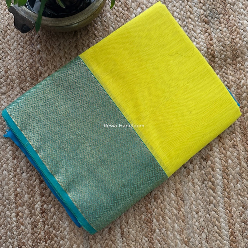 Maheshwari Lemon Yellow Zari Border Plain Saree ZS0113