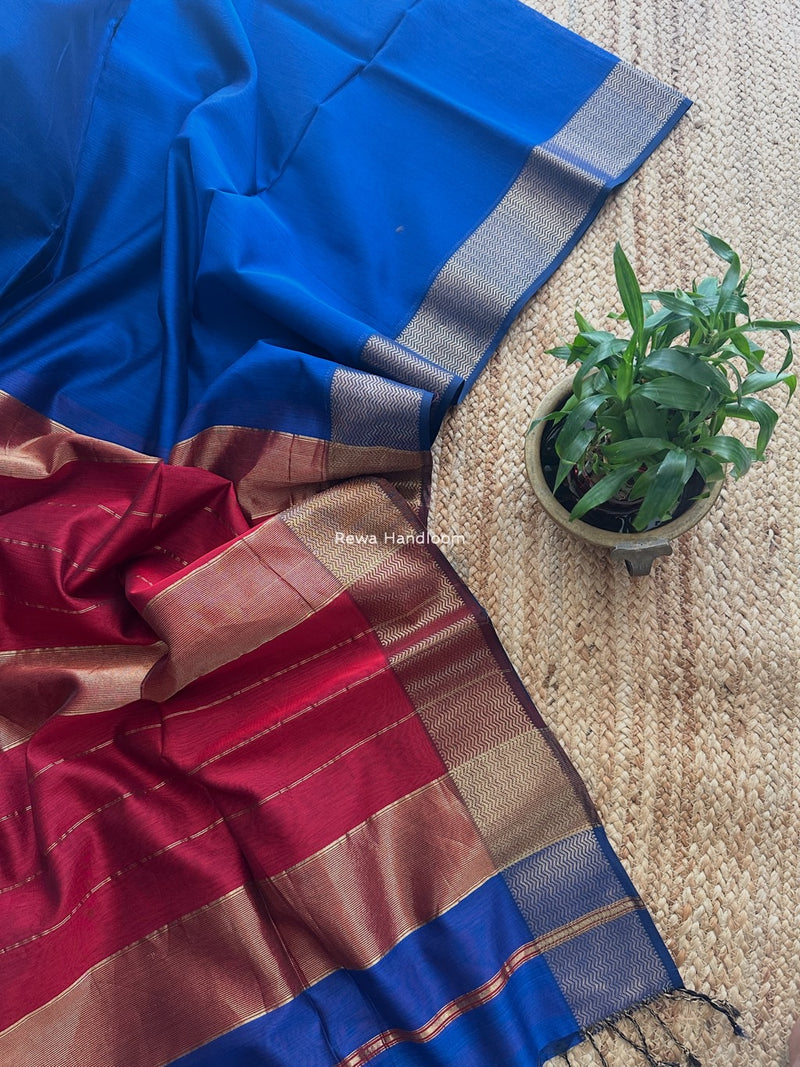 Maheshwari Blue Zari Border Plain Saree ZS0115