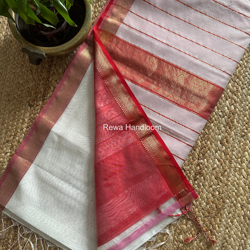 Maheshwari White Rewa Lehar Saree ZBS09