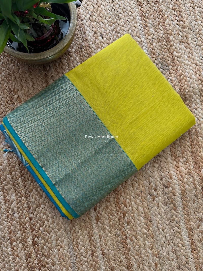 Maheshwari Yellow Zari Border Plain Saree ZS0119