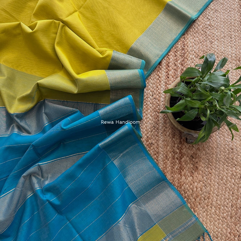 Maheshwari Yellow Zari Border Plain Saree ZS0119