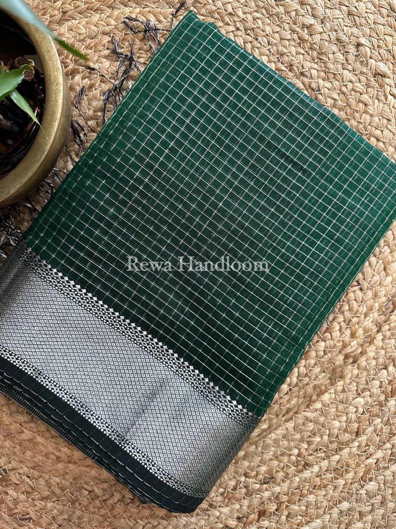 Maheshwari Bottle Green Silver Zari Checks Silk Saree SZ049
