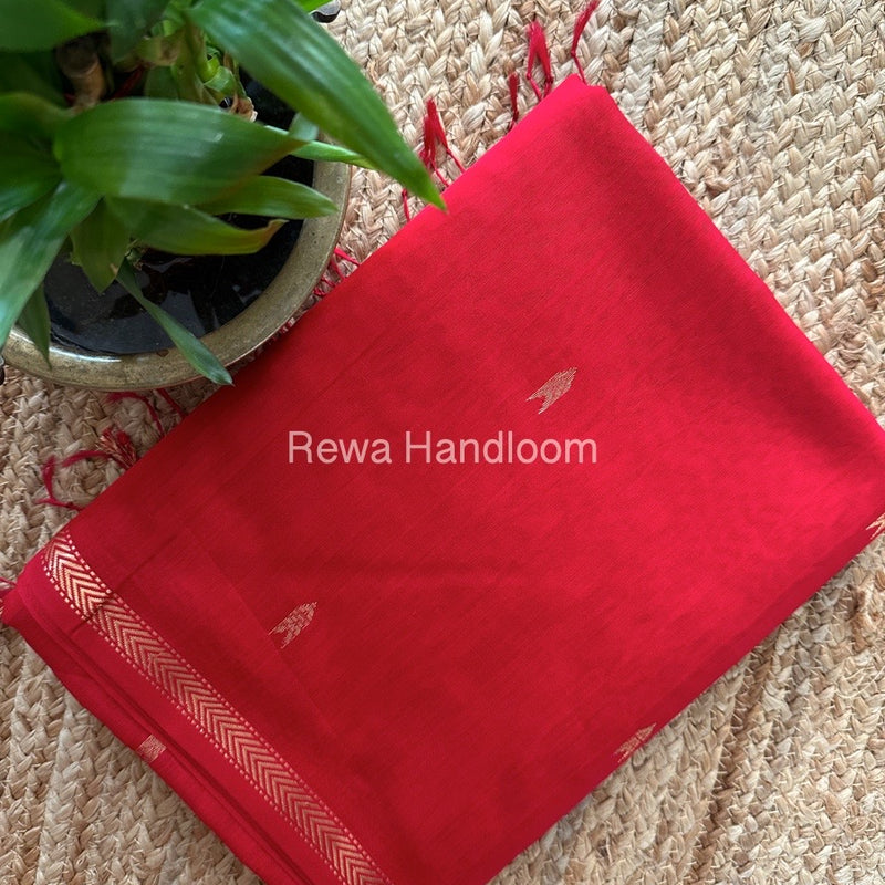 Red Zari Butti Maheshwari Saree VBS044
