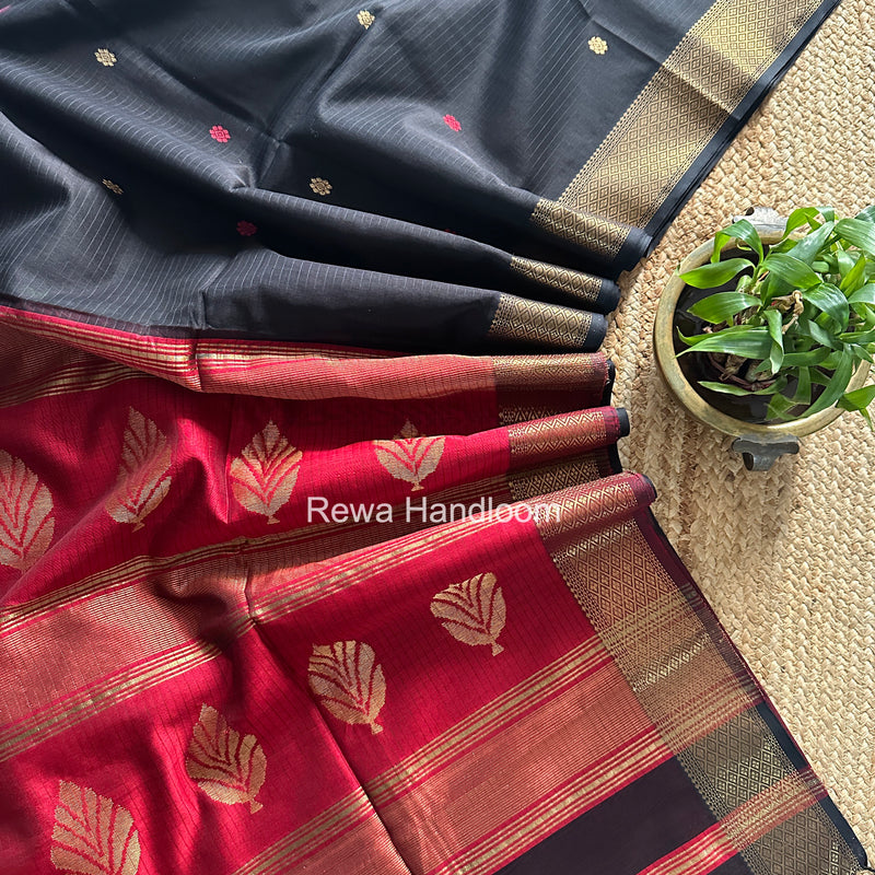 Black Butta Pallu Zari Border Saree Maheshwari Saree BTPS083
