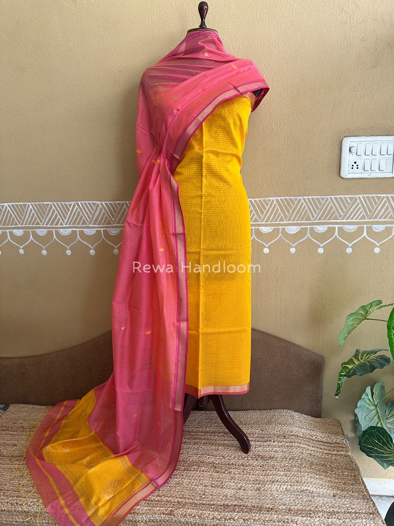 Maheshwari Yellow-Pink Motifs Top-Dupatta Set PST0133