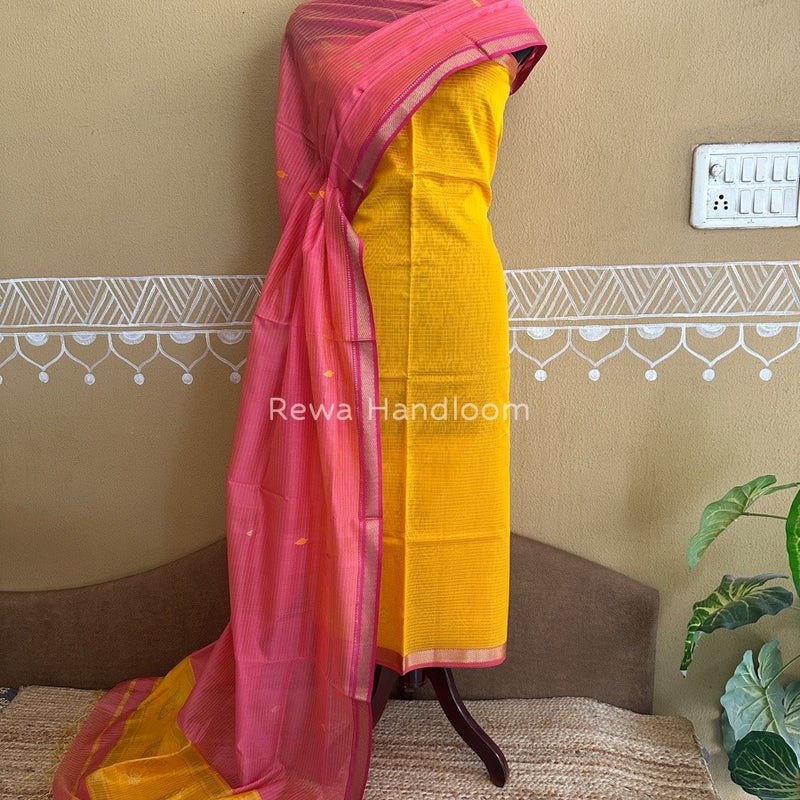 Maheshwari Yellow-Pink Motifs Top-Dupatta Set PST0133