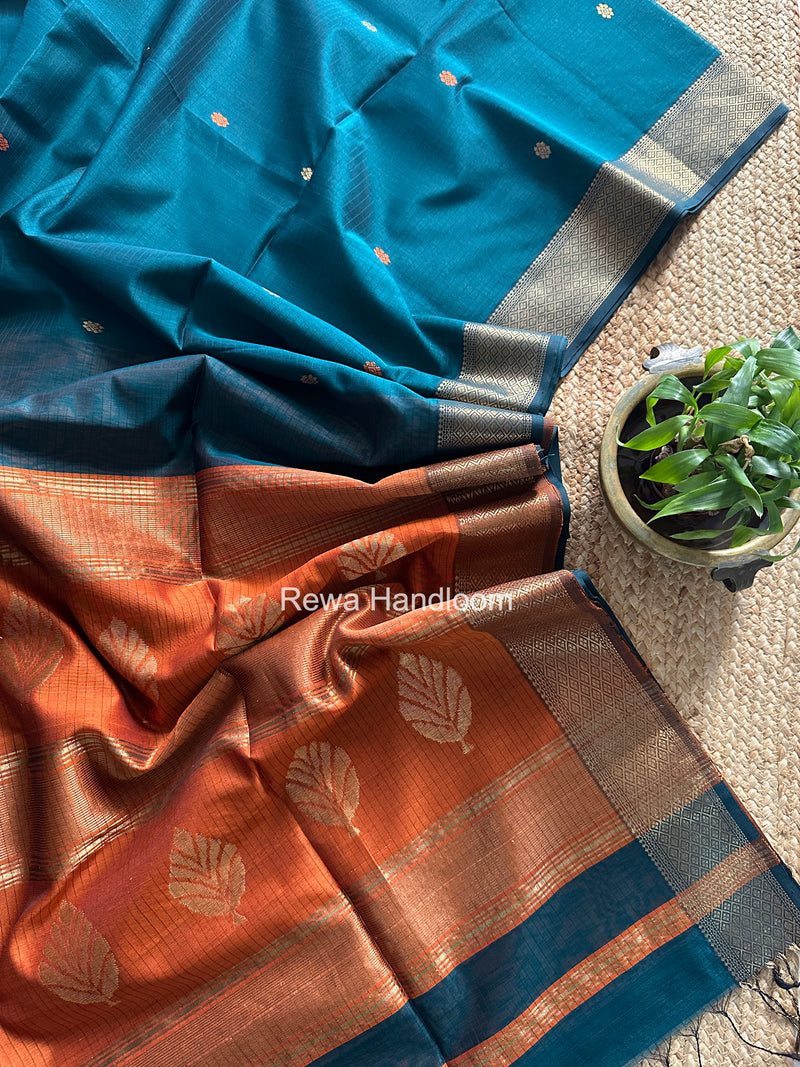 Rama Green Butta Pallu Zari Border Saree Maheshwari Saree BTPS084