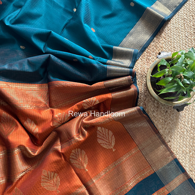 Rama Green Butta Pallu Zari Border Saree Maheshwari Saree BTPS084