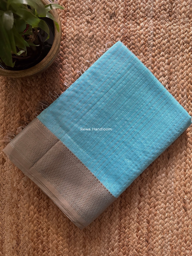 Maheshwari Sky Blue Silver Zari Checks Silk Saree SZ080