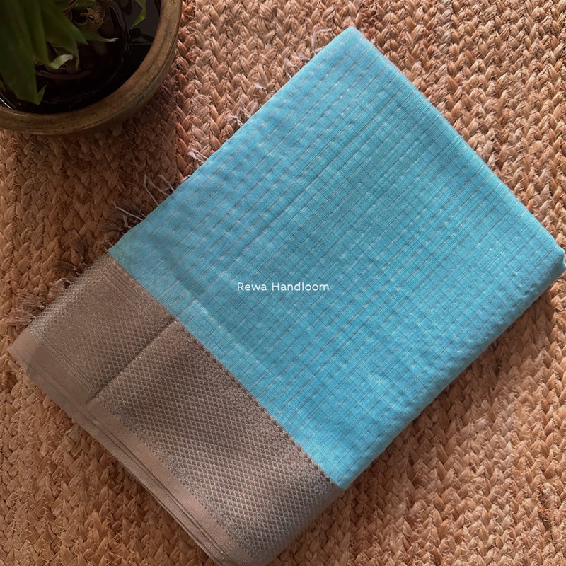 Maheshwari Sky Blue Silver Zari Checks Silk Saree SZ080