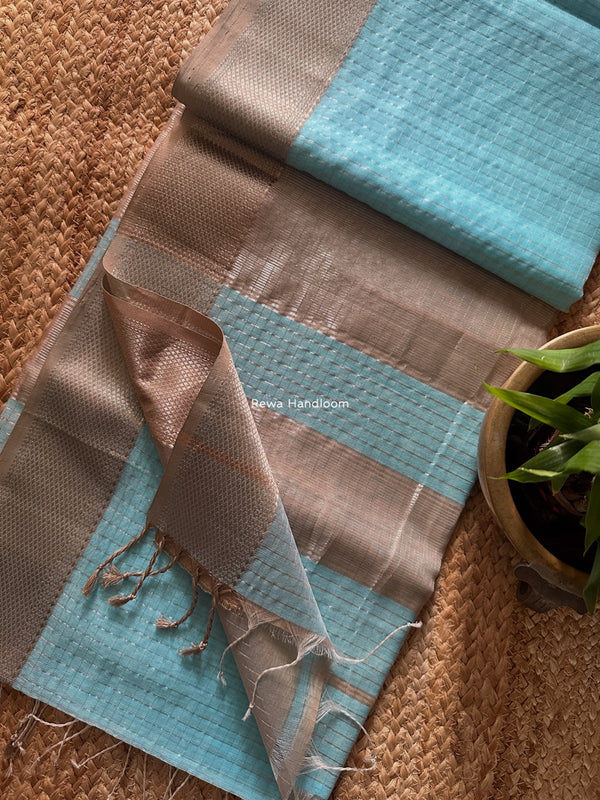 Maheshwari Sky Blue Silver Zari Checks Silk Saree SZ080