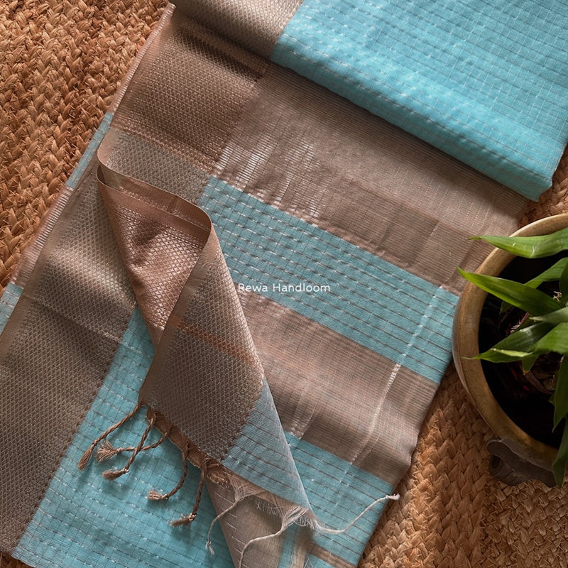 Maheshwari Sky Blue Silver Zari Checks Silk Saree SZ080
