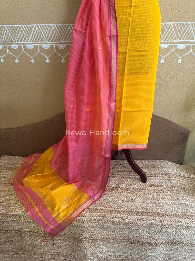 Maheshwari Yellow-Pink Motifs Top-Dupatta Set PST0133