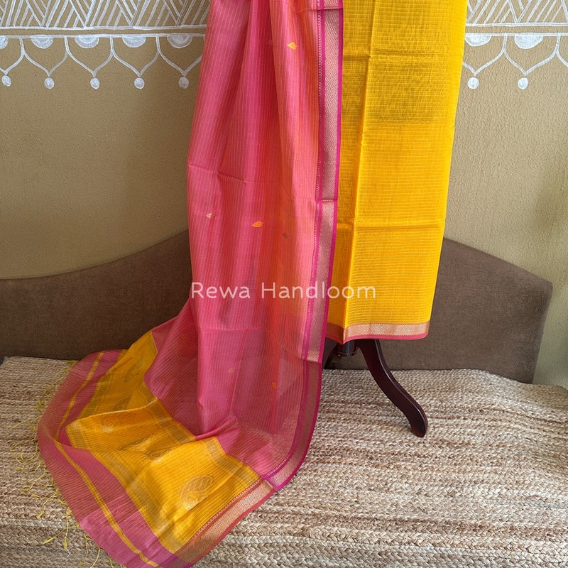 Maheshwari Yellow-Pink Motifs Top-Dupatta Set PST0133