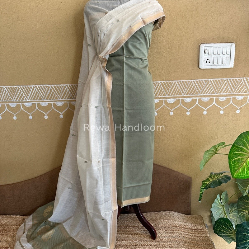 Maheshwari Grey-White Motifs Top-Dupatta Set PST0153