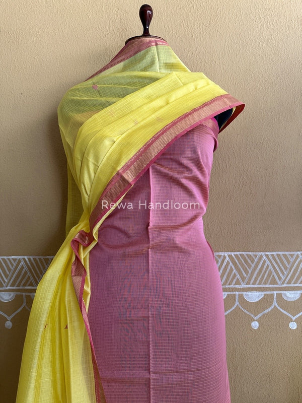 Maheshwari Baby Pink-Yellow Motifs Top-Dupatta Set PST0151