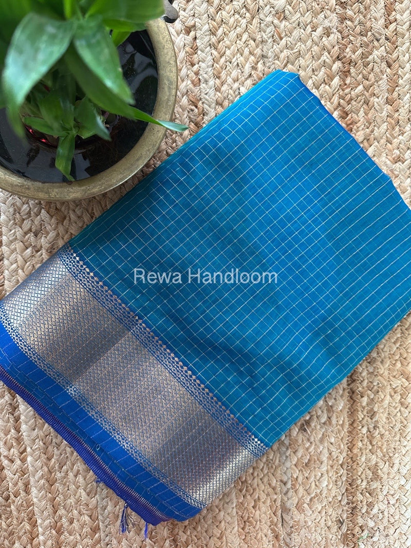 Maheshwari Peacock Blue Zari Checks Saree ZCHX266