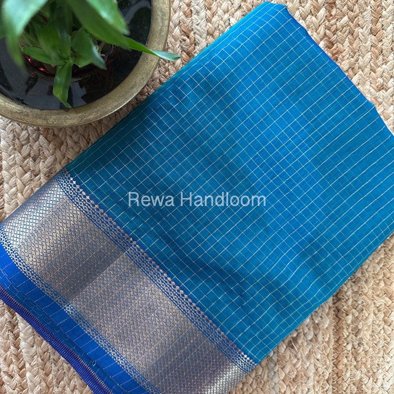 Maheshwari Peacock Blue Zari Checks Saree ZCHX266