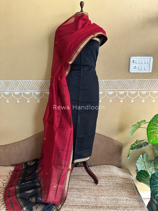 Maheshwari Black-Maroon Motifs Top-Dupatta Set PST0152