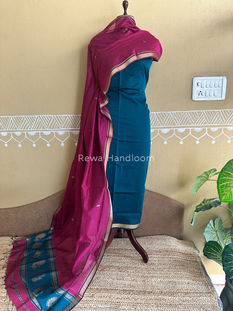 Maheshwari Rama Green-Dark Pink Motifs Top-Dupatta Set PST0166