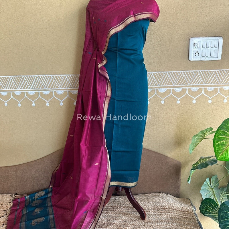 Maheshwari Rama Green-Dark Pink Motifs Top-Dupatta Set PST0166