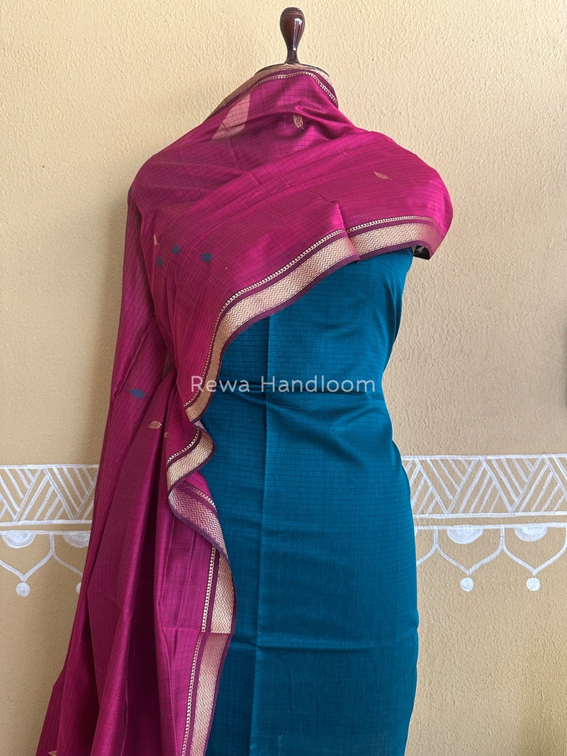 Maheshwari Rama Green-Dark Pink Motifs Top-Dupatta Set PST0166