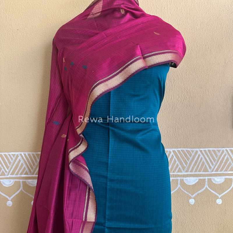 Maheshwari Rama Green-Dark Pink Motifs Top-Dupatta Set PST0166
