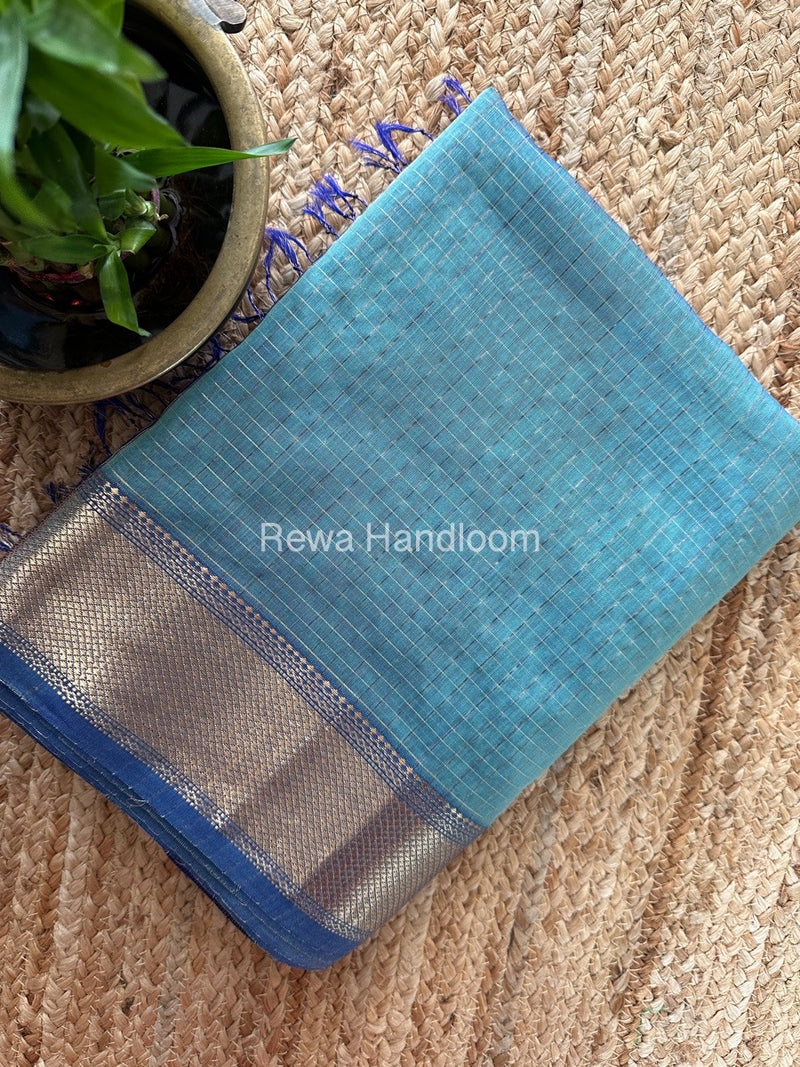 Maheshwari Light Teal Blue Zari Checks Saree ZCHX268