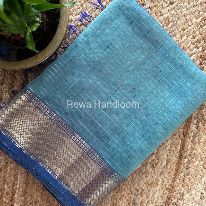 Maheshwari Light Teal Blue Zari Checks Saree ZCHX268