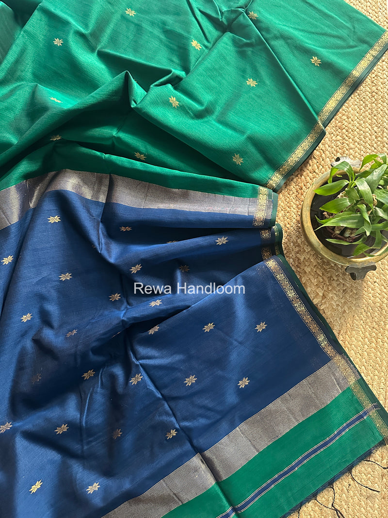 Green Star Butti Maheshwari Saree SSB025 by Rewa Handloom