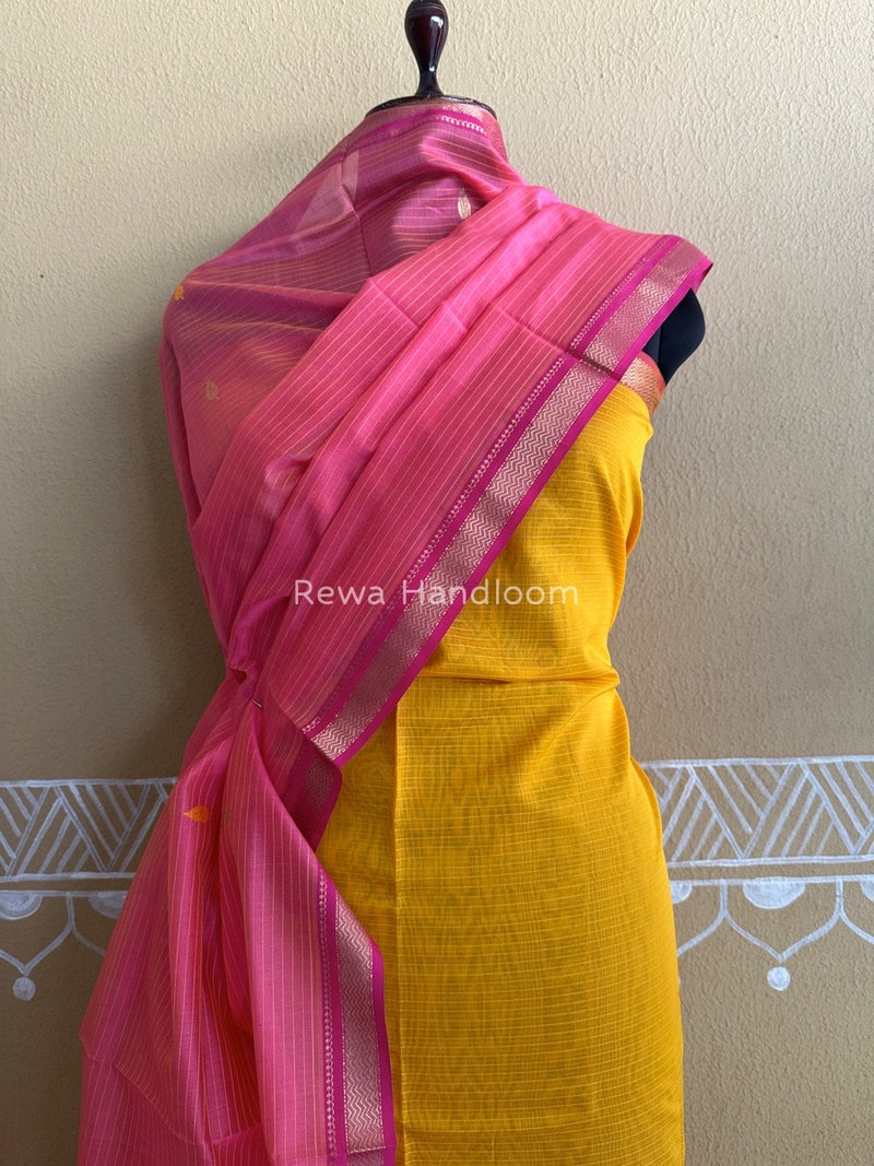 Maheshwari Yellow-Pink Motifs Top-Dupatta Set PST0133