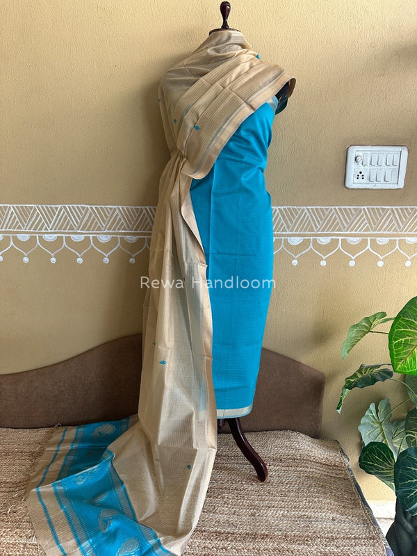 Maheshwari Sky Blue-Cream Motifs Top-Dupatta Set PST0138