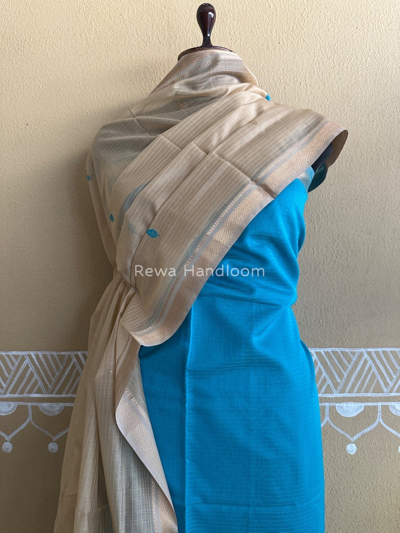 Maheshwari Sky Blue-Cream Motifs Top-Dupatta Set PST0138