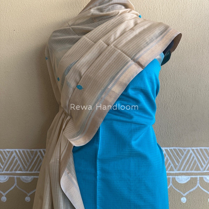 Maheshwari Sky Blue-Cream Motifs Top-Dupatta Set PST0138