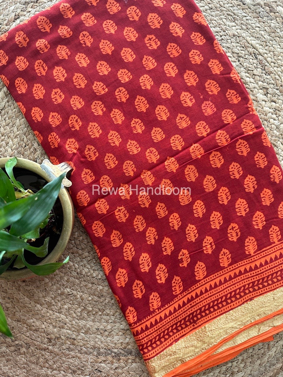 Rust Orange Bagh Print Mercerised Cotton Saree MBP11