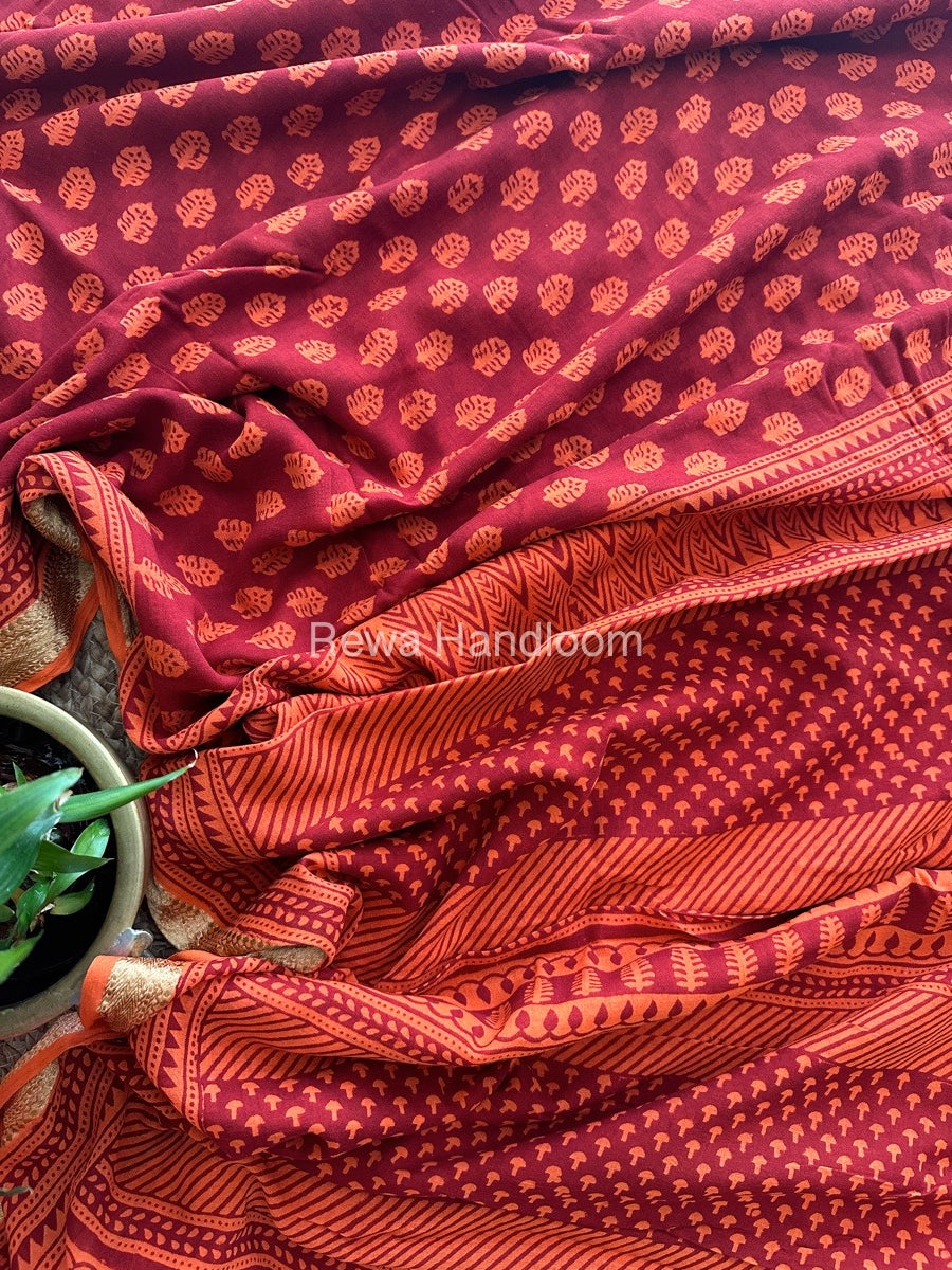 Rust Orange Bagh Print Mercerised Cotton Saree MBP11