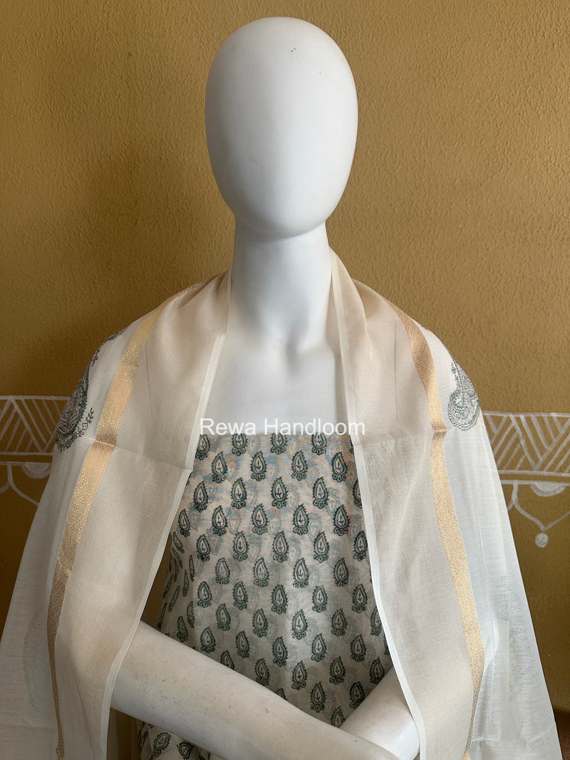 Maheshwari Off White Handblock Print Top-Dupatta HBS0228
