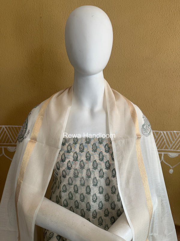 Maheshwari Off White Handblock Print Top-Dupatta HBS0228