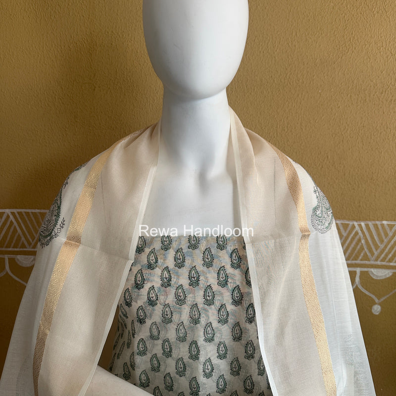 Maheshwari Off White Handblock Print Top-Dupatta HBS0228