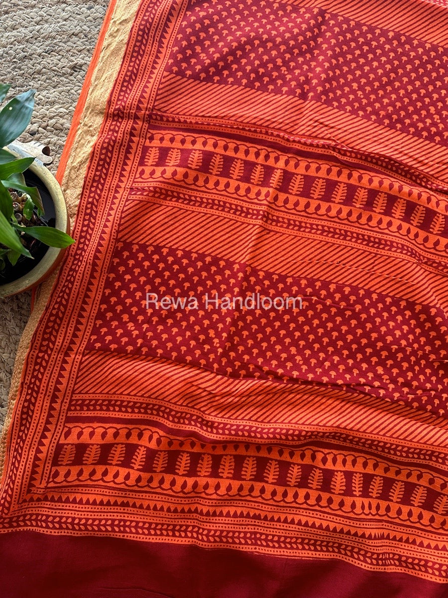 Rust Orange Bagh Print Mercerised Cotton Saree MBP11