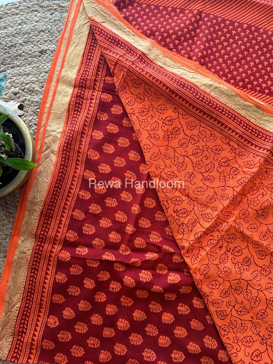 Rust Orange Bagh Print Mercerised Cotton Saree MBP11