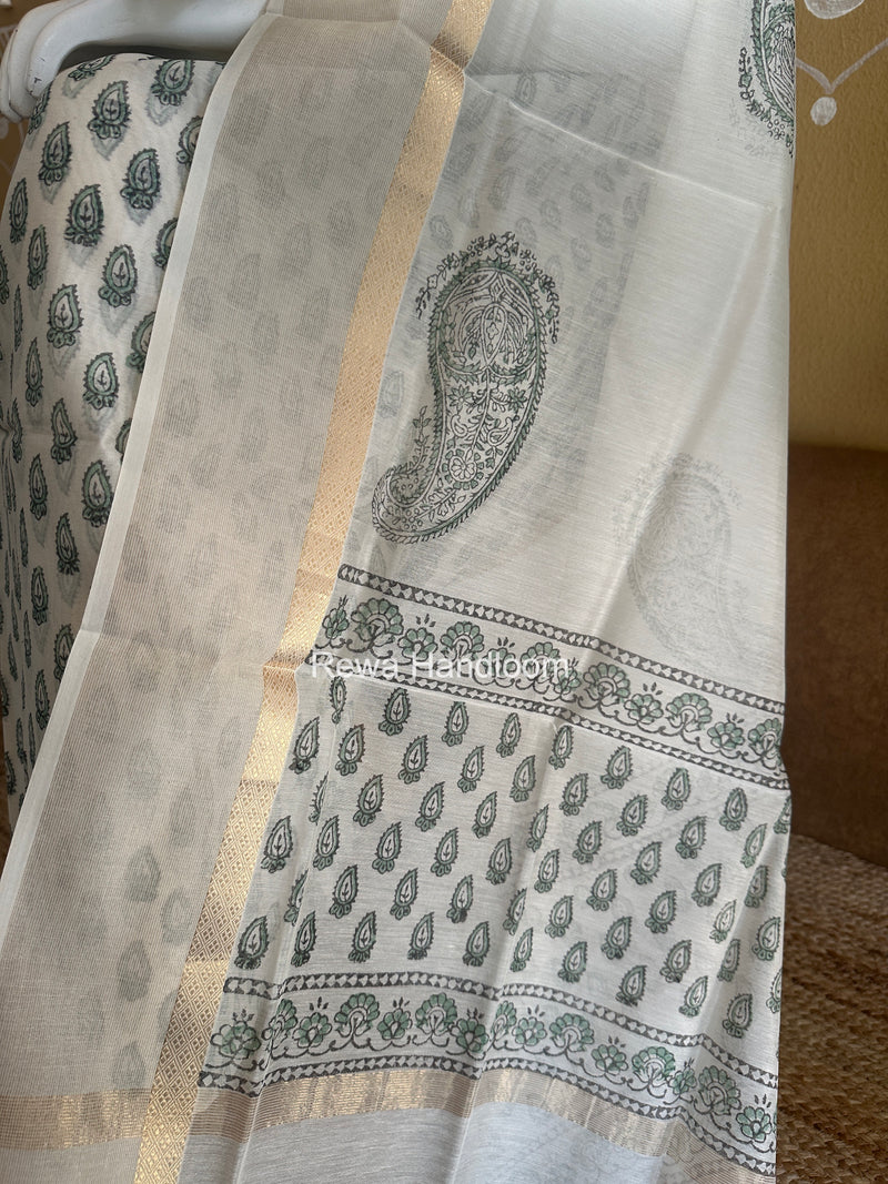 Maheshwari Off White Handblock Print Top-Dupatta HBS0228