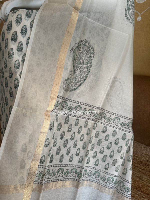 Maheshwari Off White Handblock Print Top-Dupatta HBS0228