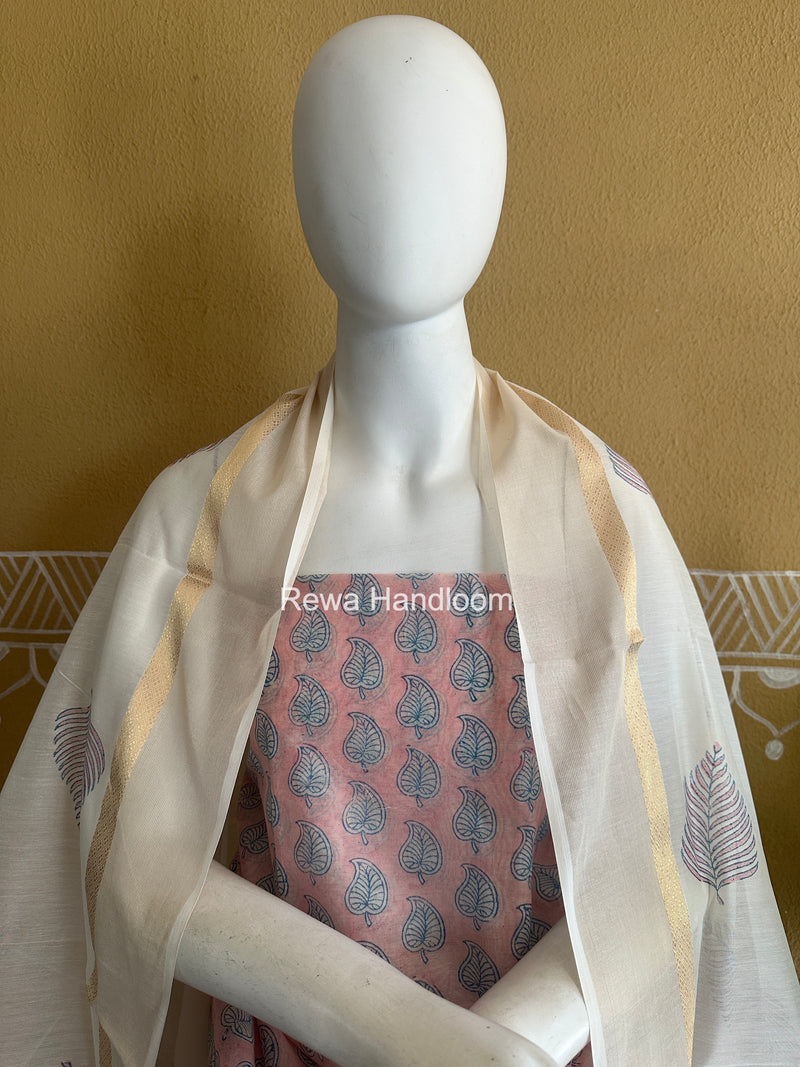 Maheshwari Light Pink Handblock Print Top-Dupatta HBS0227