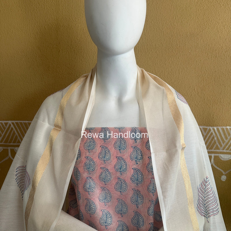 Maheshwari Light Pink Handblock Print Top-Dupatta HBS0227