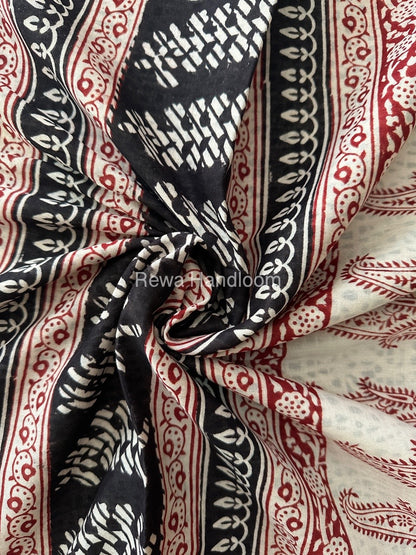 White Bagh Print Mercerised Cotton Saree MBP05